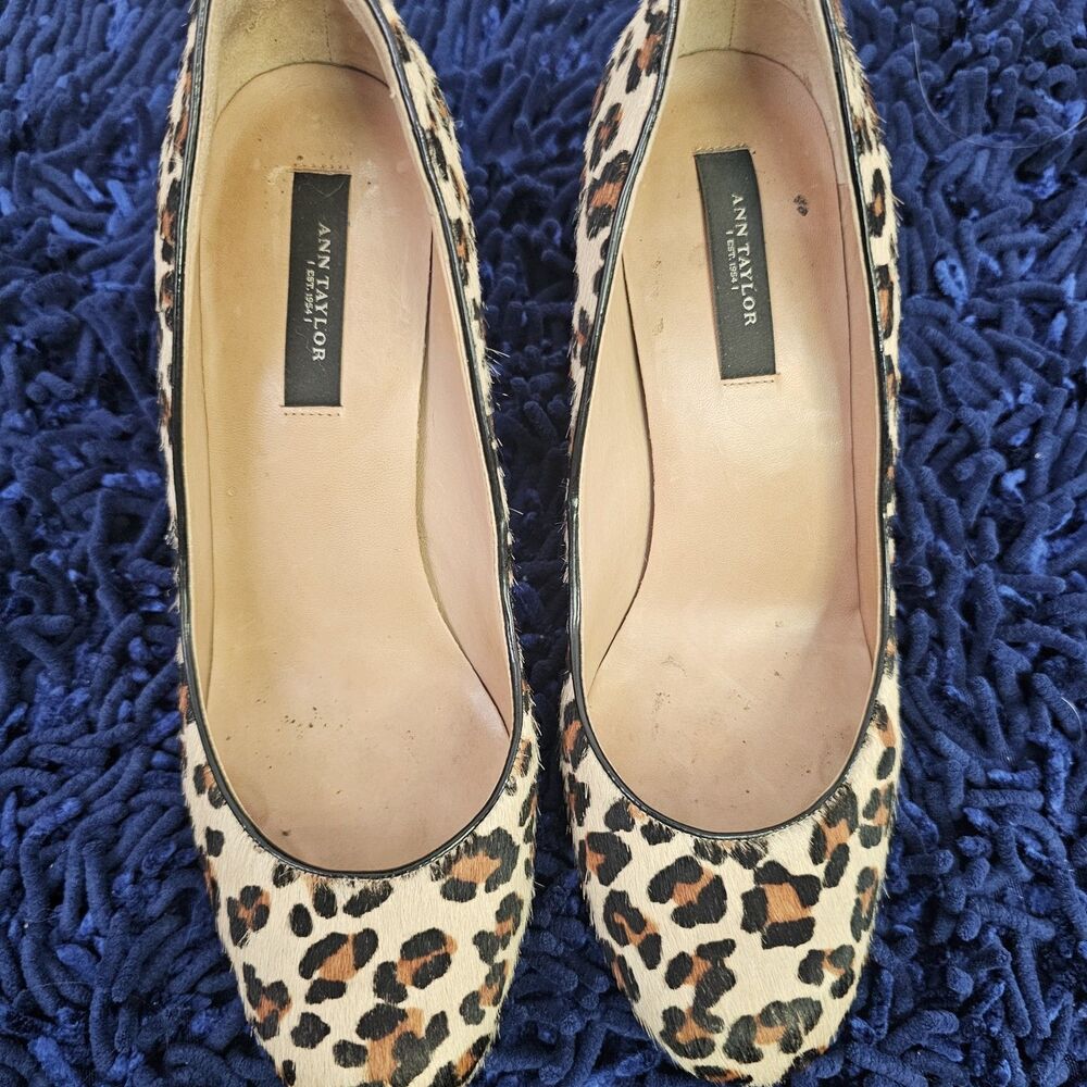 Women Ann Taylor Leopard Calf Hair Pump Stilettos Sz 6.5 Round Toe Mobwife S088